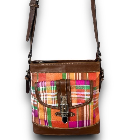 REDUCED!! Chaps Ralph Lauren Traveler Orange Avalon Madras Crossbody Sling Bag - Picture 12 of 12